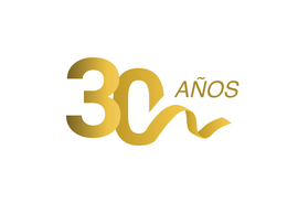 Un logotipo dorado de 30 años sobre un fondo blanco.