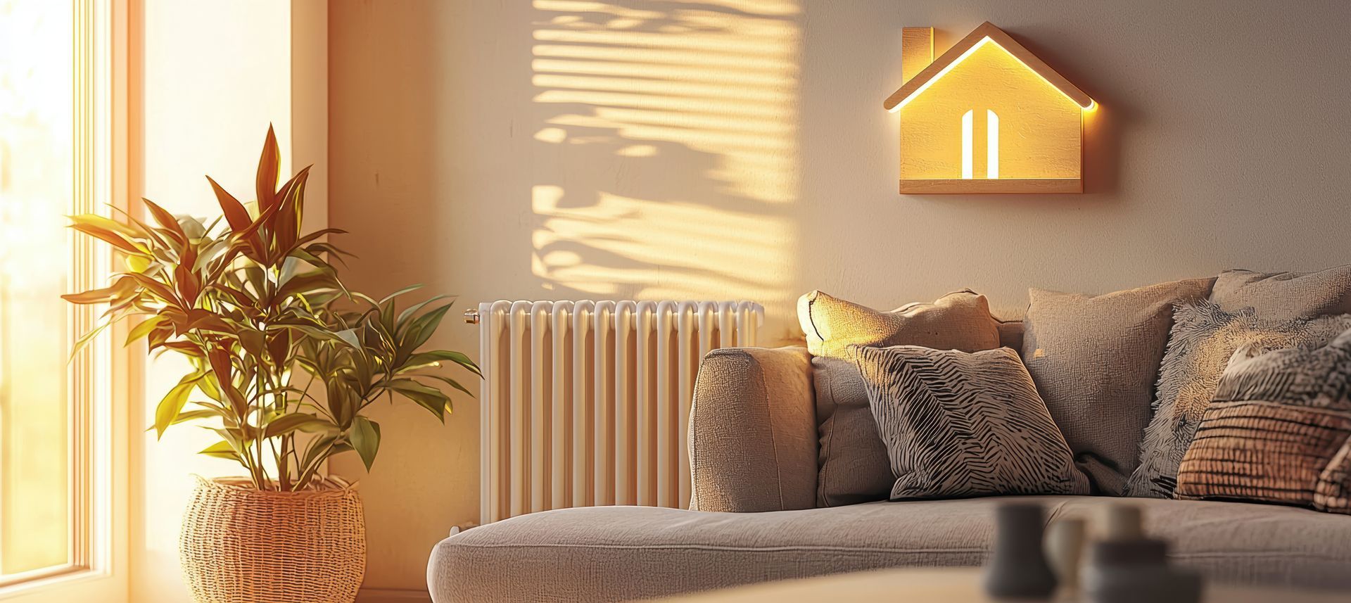 Un radiateur à eau et un canapé devant.