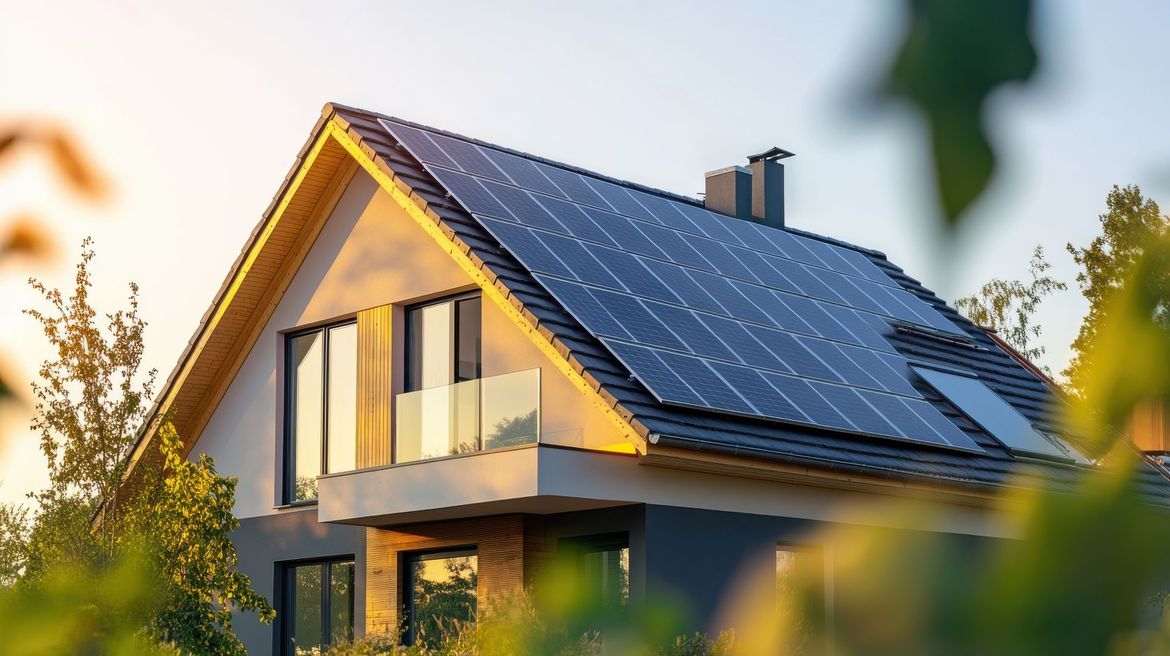 Des panneaux photovoltaïques posés sur le toit d'une maison moderne.