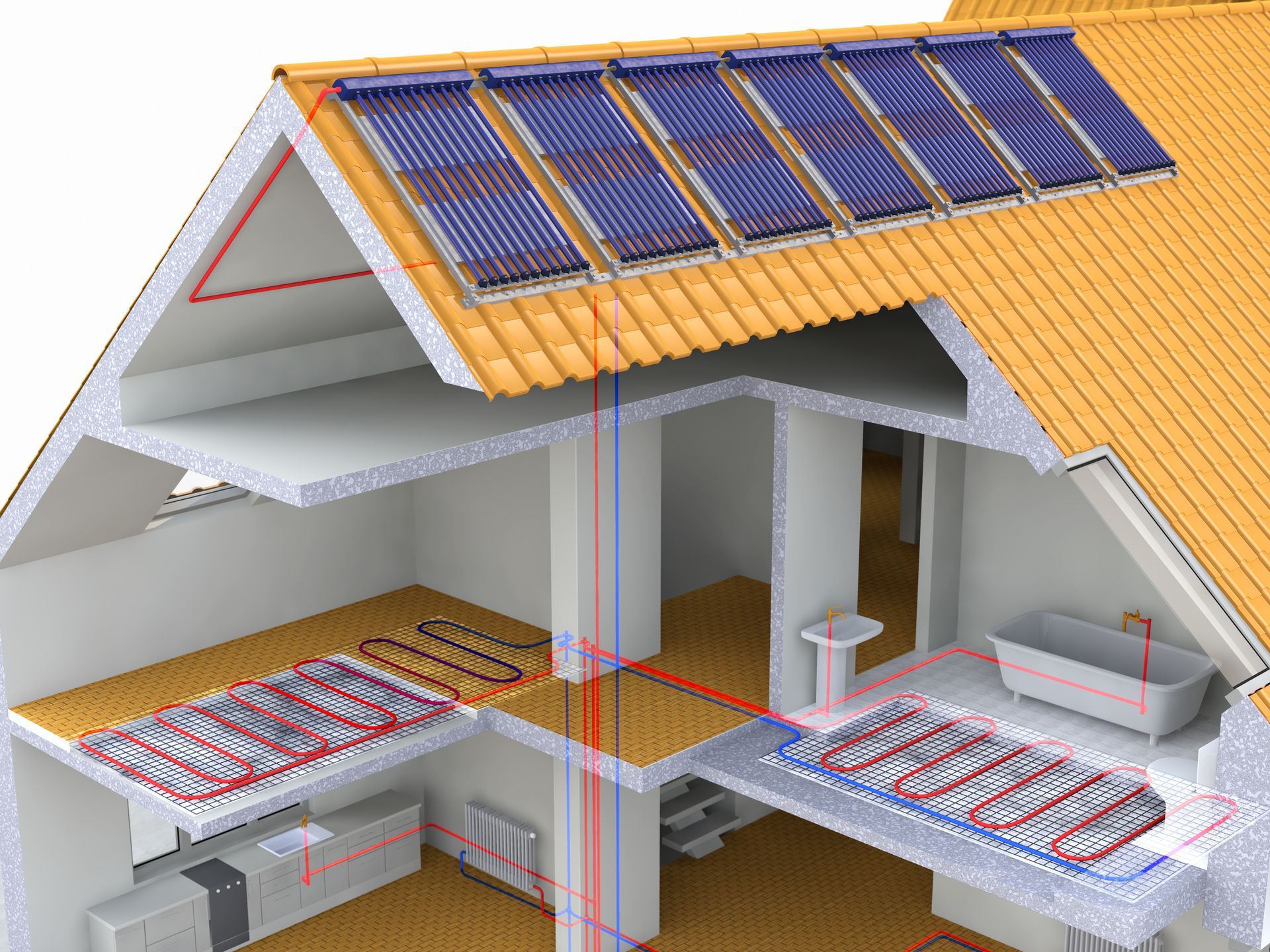 Vue 3D du fonctionnement d'un système solaire thermique.
