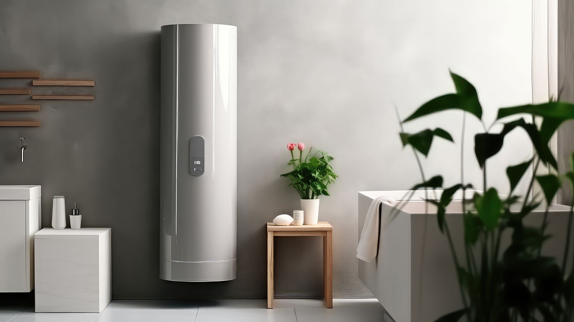 Un chauffe-eau électrique installé à côté d'une baignoire.