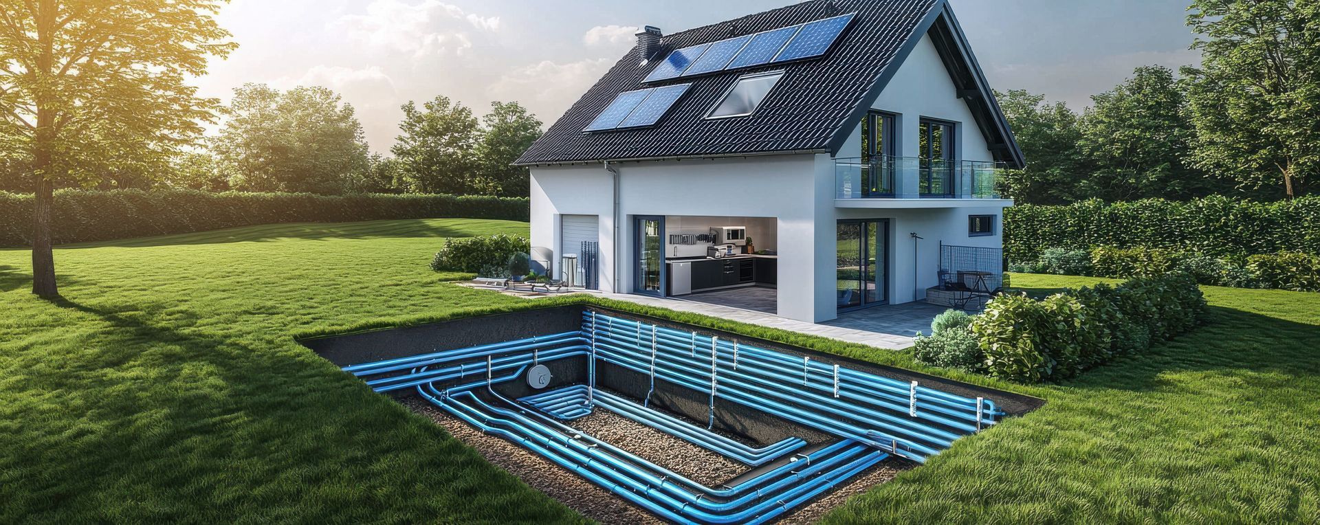Maison avec un système de pompe à chaleur eau-eau.