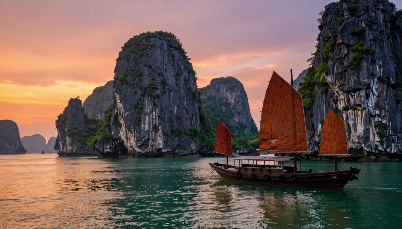 Paisaje espectacular de la Bahía de Ha Long en Vietnam al atardecer