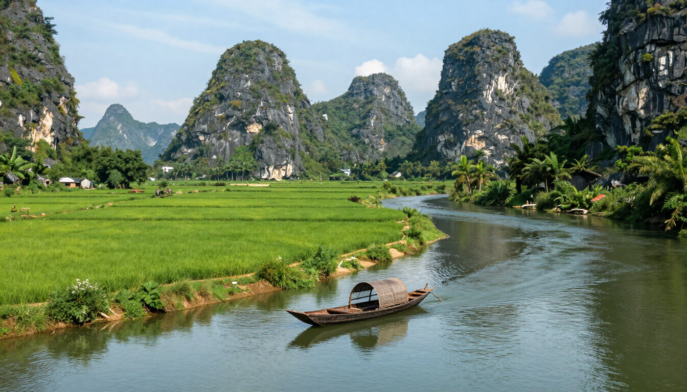Paisaje de Ninh Binh con campos de arroz y montañas