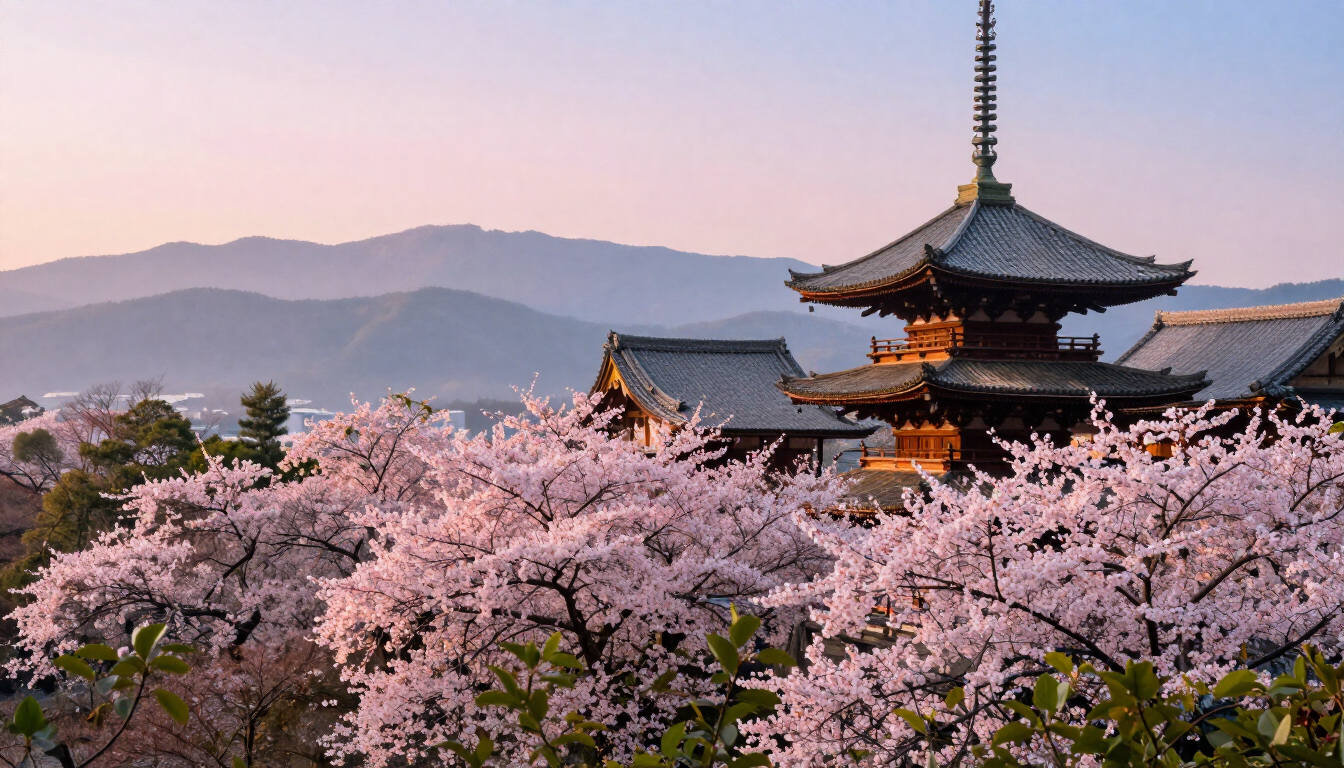 Cerezos en flor frente a una pagoda tradicional en Japón durante la primavera 2027