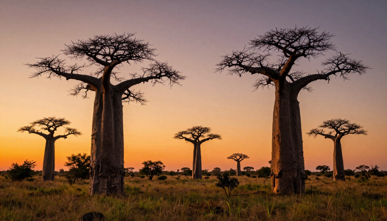 Paisaje espectacular de Senegal con baobabs al atardecer