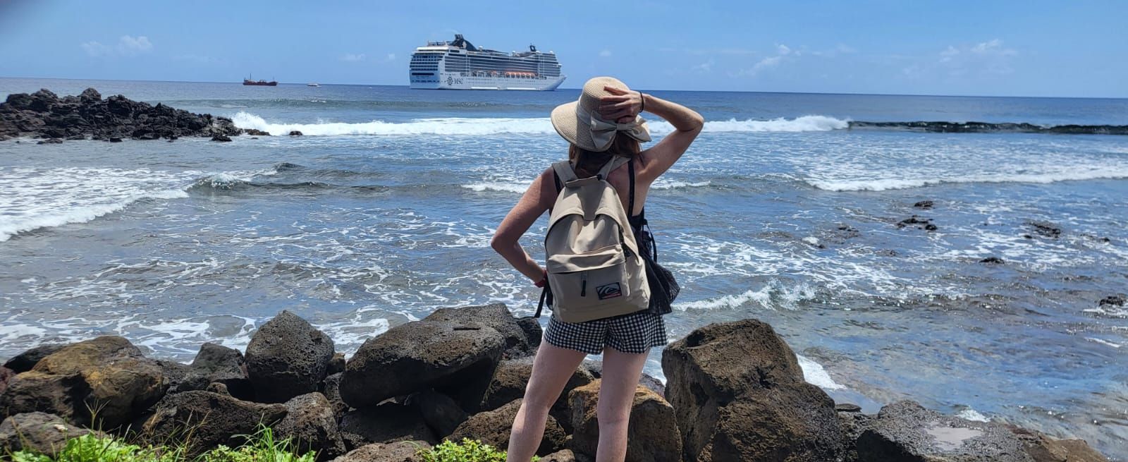 Un gran crucero blanco atracó en un puerto, con gente caminando por el muelle bajo un cielo nublado.