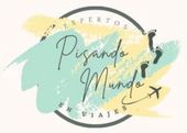 Logo with pastel brushstrokes, footprints, and text “Pisango Mundo”; travel theme with “expertos en viajes” and “en viajes.”
