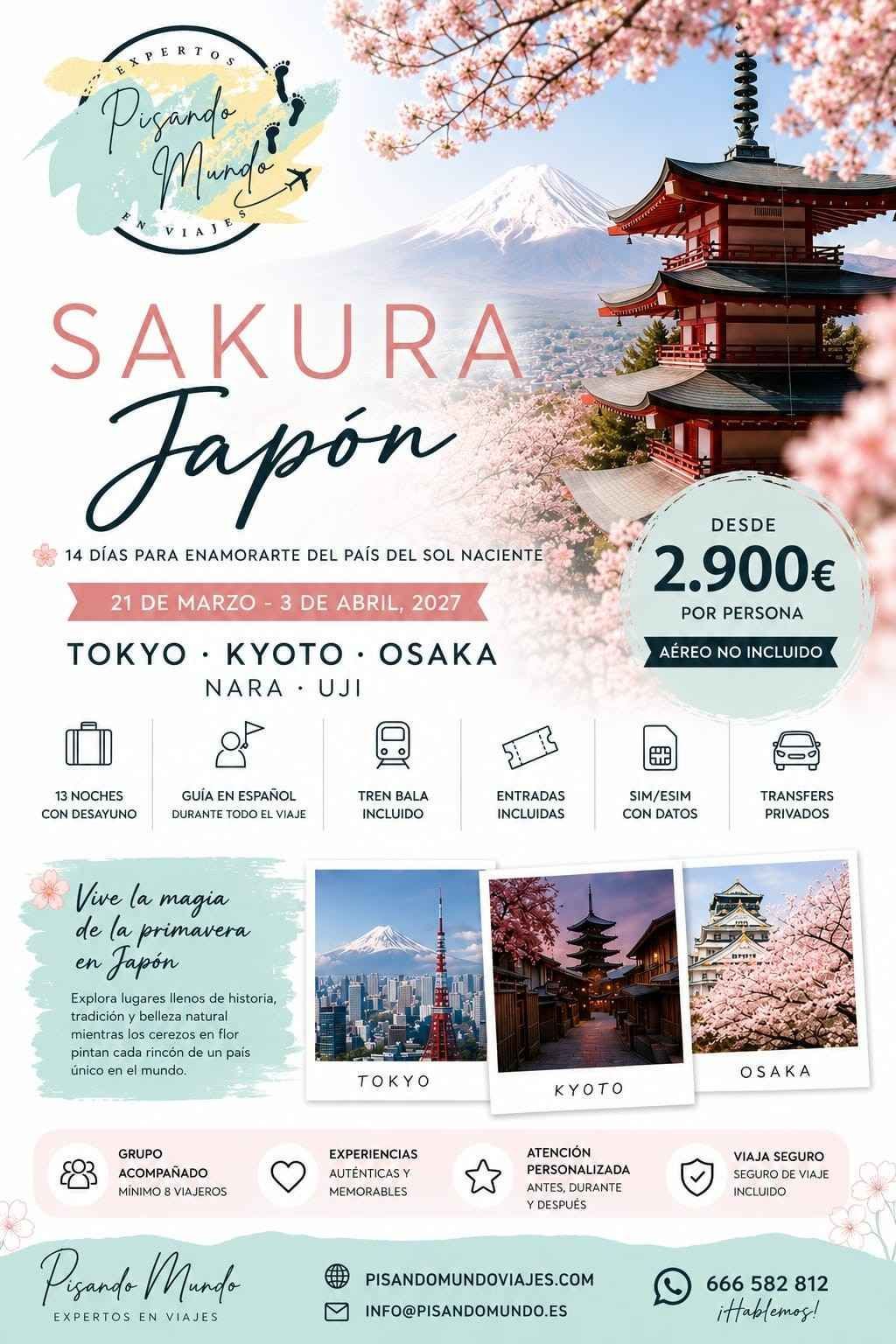 Póster turístico Sakura Japan con Tokio, Kioto, Osaka, el Monte Fuji y flores de cerezo, diseño en rosa y azul.