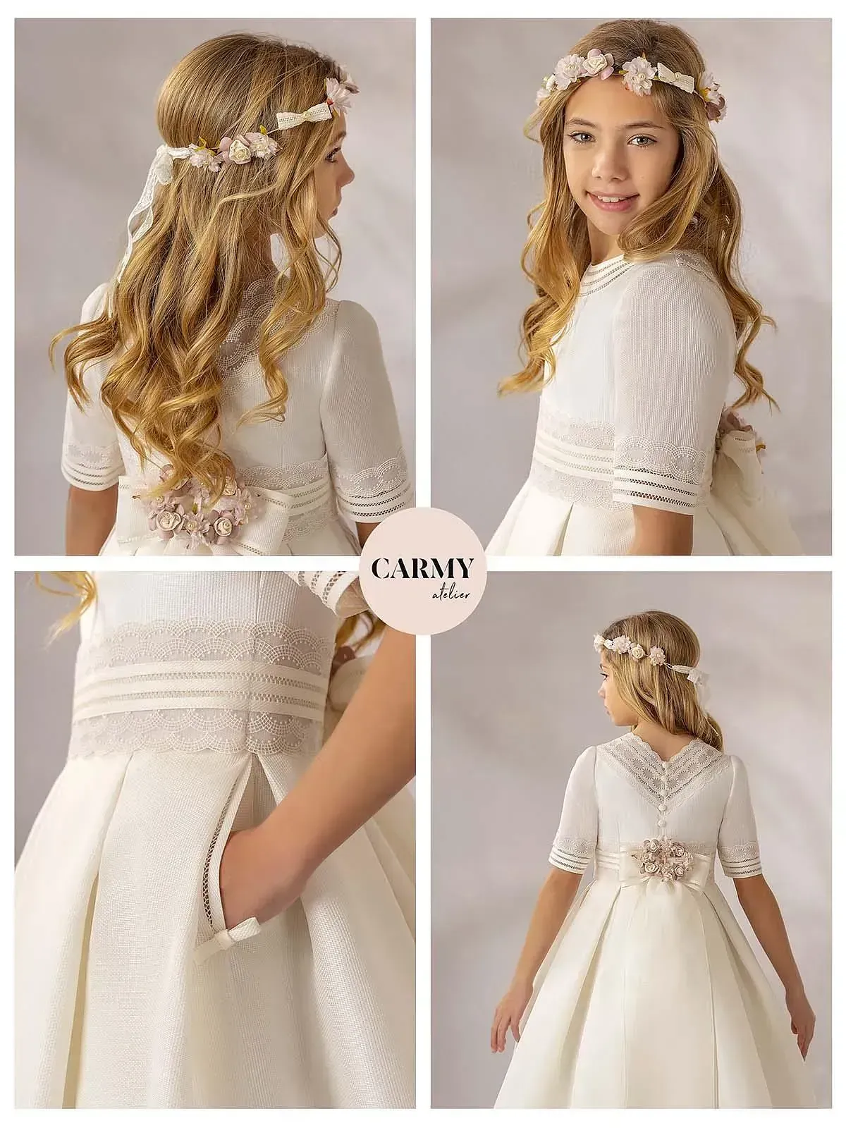 Una niña con un vestido blanco y una corona de flores en la cabeza.