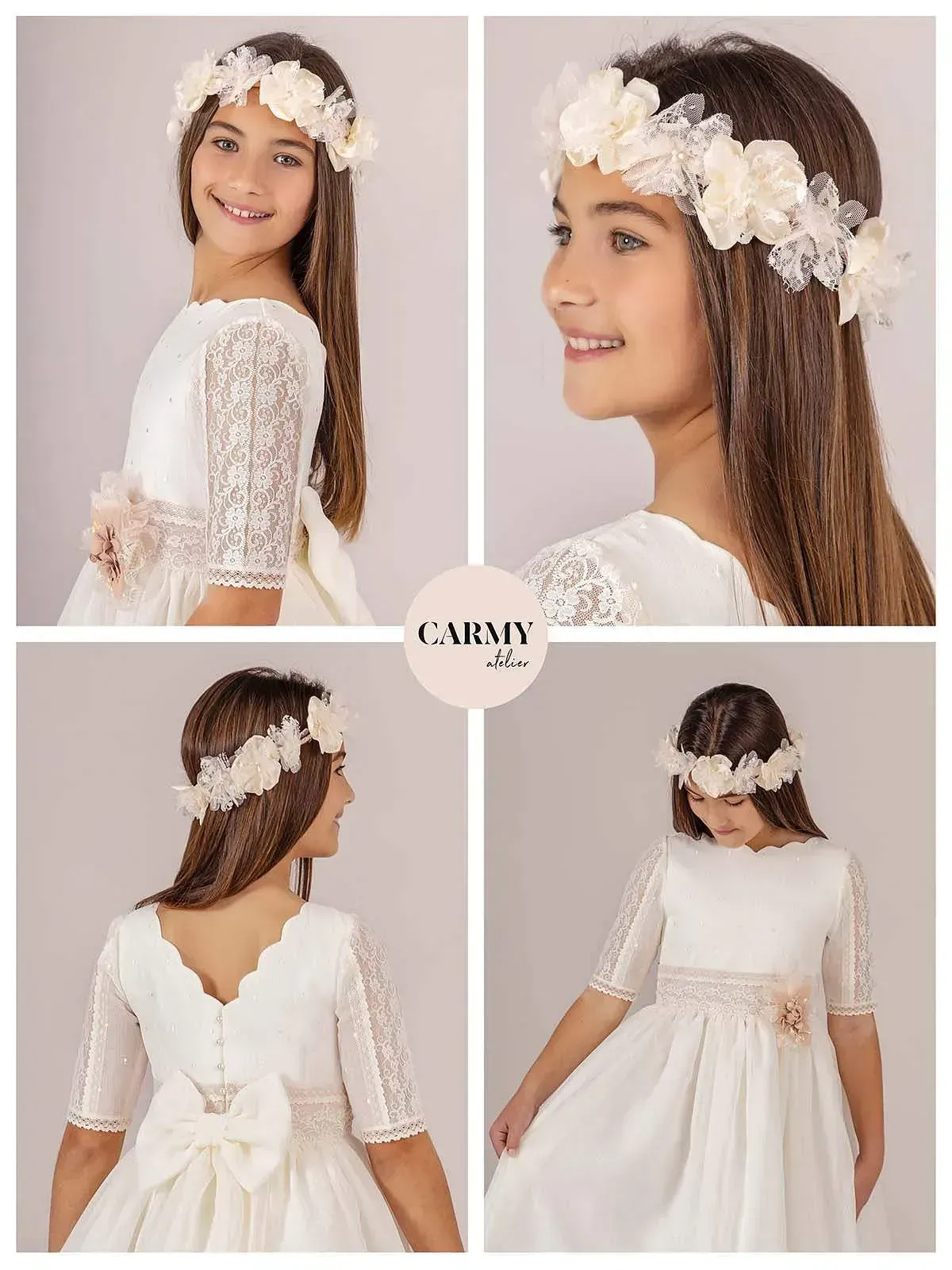 Una niña lleva un vestido blanco y una corona de flores.