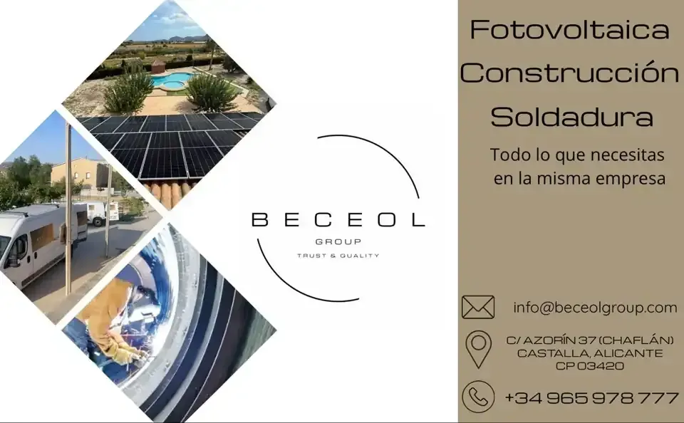 Tarjeta de presentación: paneles solares, construcción, empresa de soldadura, logotipo, información de contacto e imágenes.
