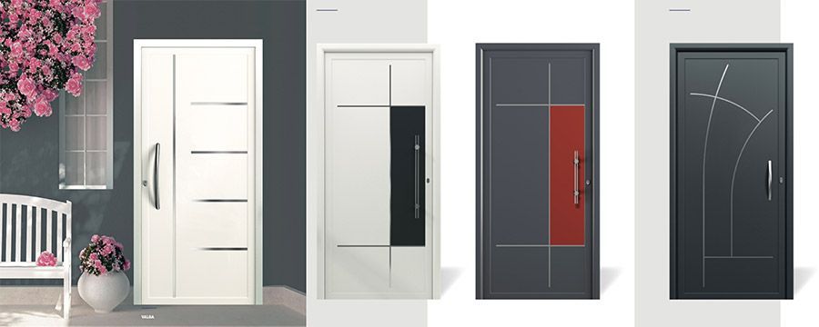 Cuatro puertas de entrada modernas: blanca, negra, gris con rojo y gris con líneas curvas.