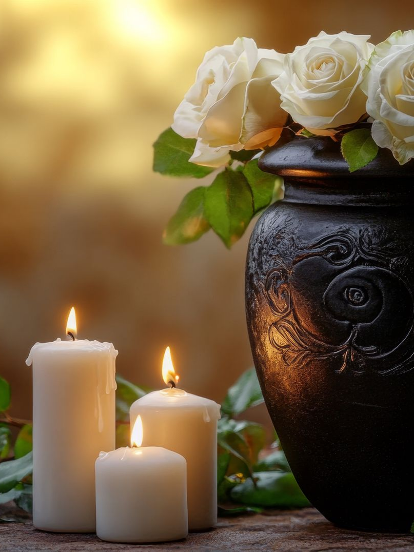 Des roses blanches dans un vase noir, à côté de trois bougies blanches allumées ; fond doré et chaleureux.