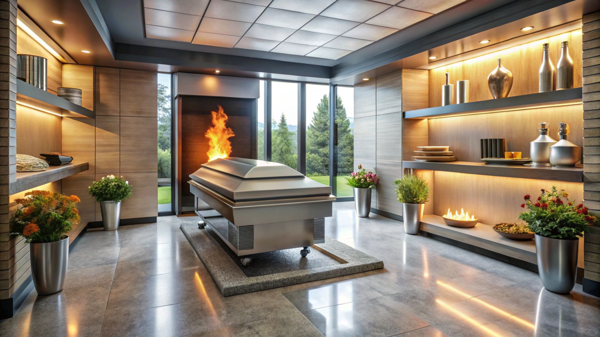 Crématorium moderne, cercueil en acier inoxydable, étagères, fleurs, cheminée, grande fenêtre donnant sur des arbres. Tons gris et beige.