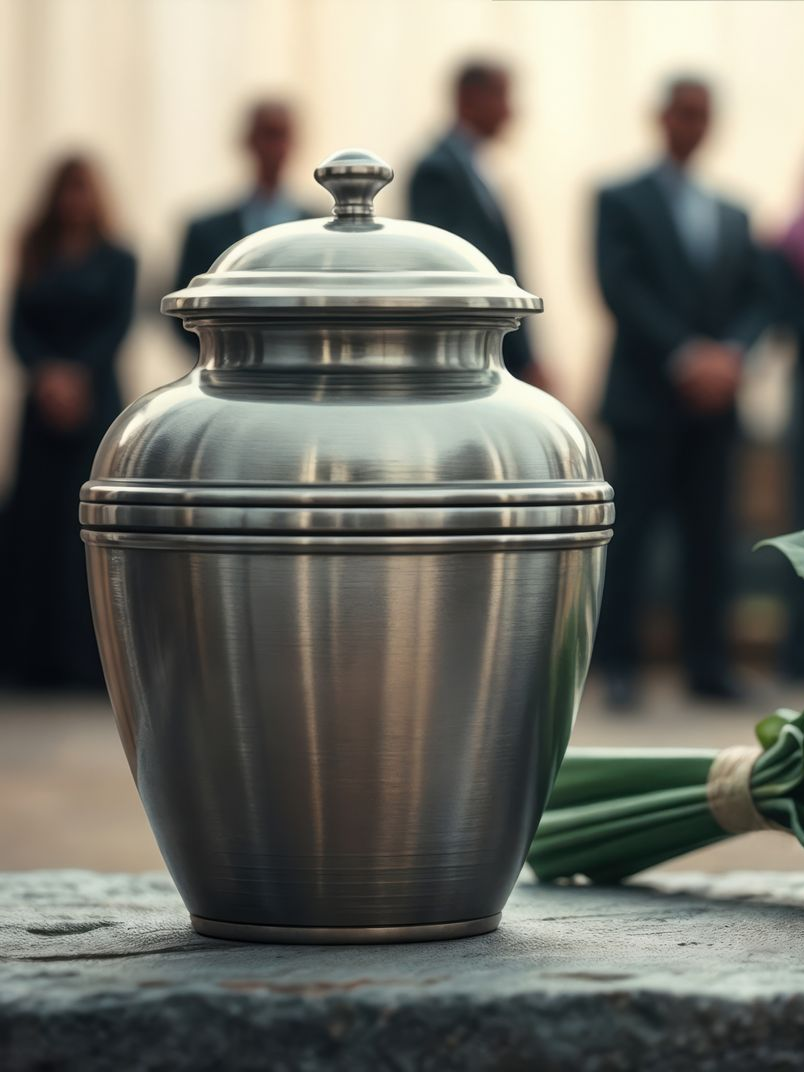 Urne avec couvercle, posée sur une surface en pierre ; des personnes en costume se tiennent à l'arrière-plan.