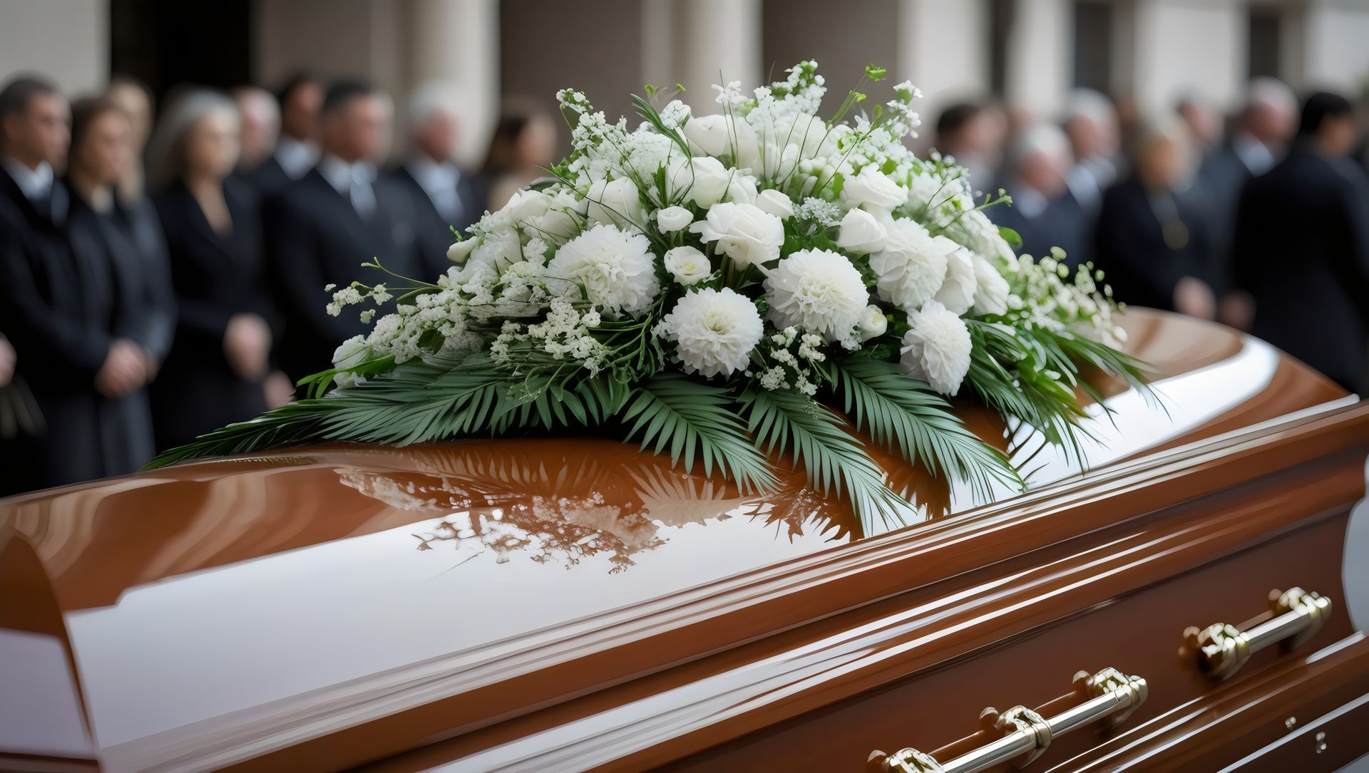 Cercueil orné d'un arrangement floral blanc, personnes vêtues de noir en arrière-plan.