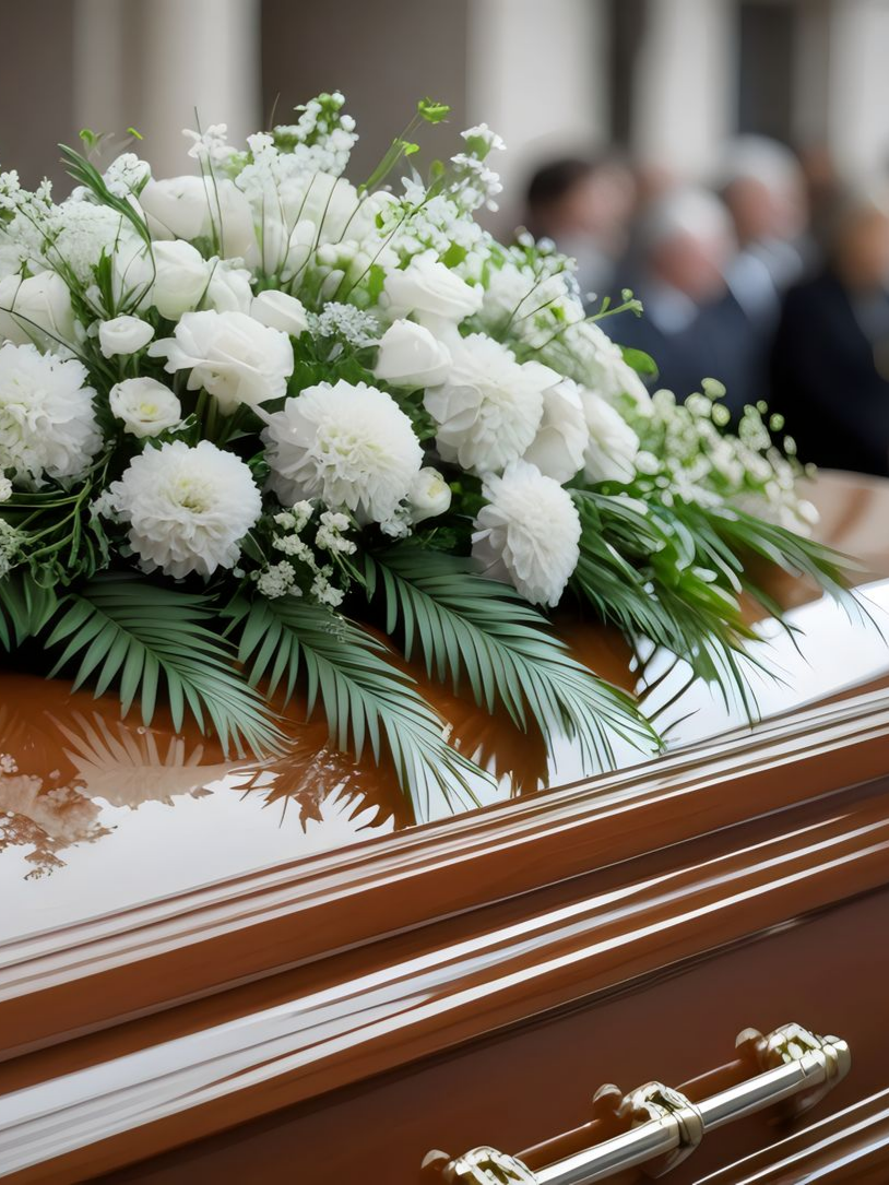 Cercueil orné d'une composition florale blanche, personnes floues en arrière-plan.