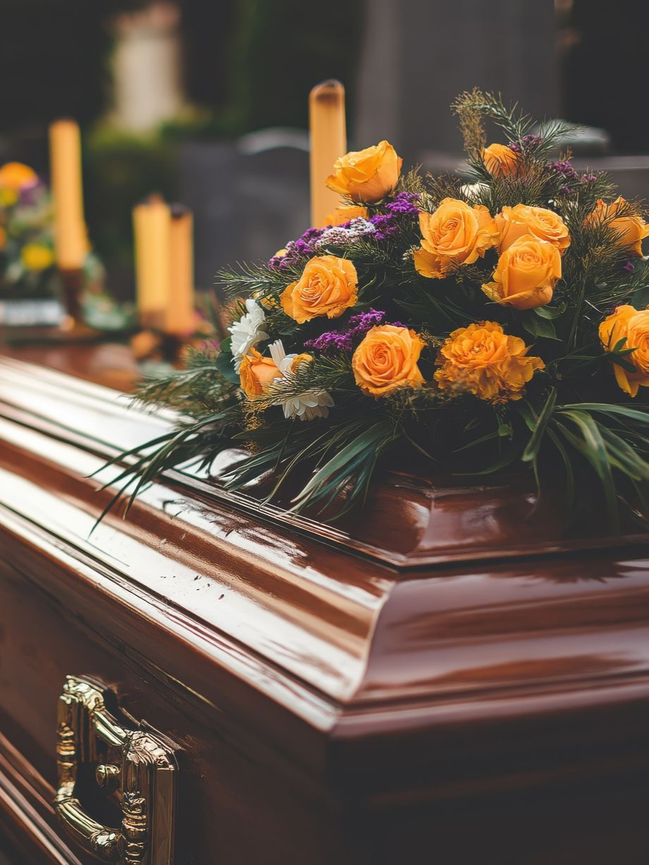 Cercueil orné de roses orange et de bougies.