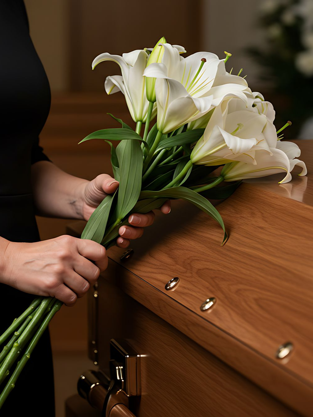 Une personne en robe noire dépose des lys blancs sur un cercueil en bois lors de funérailles.
