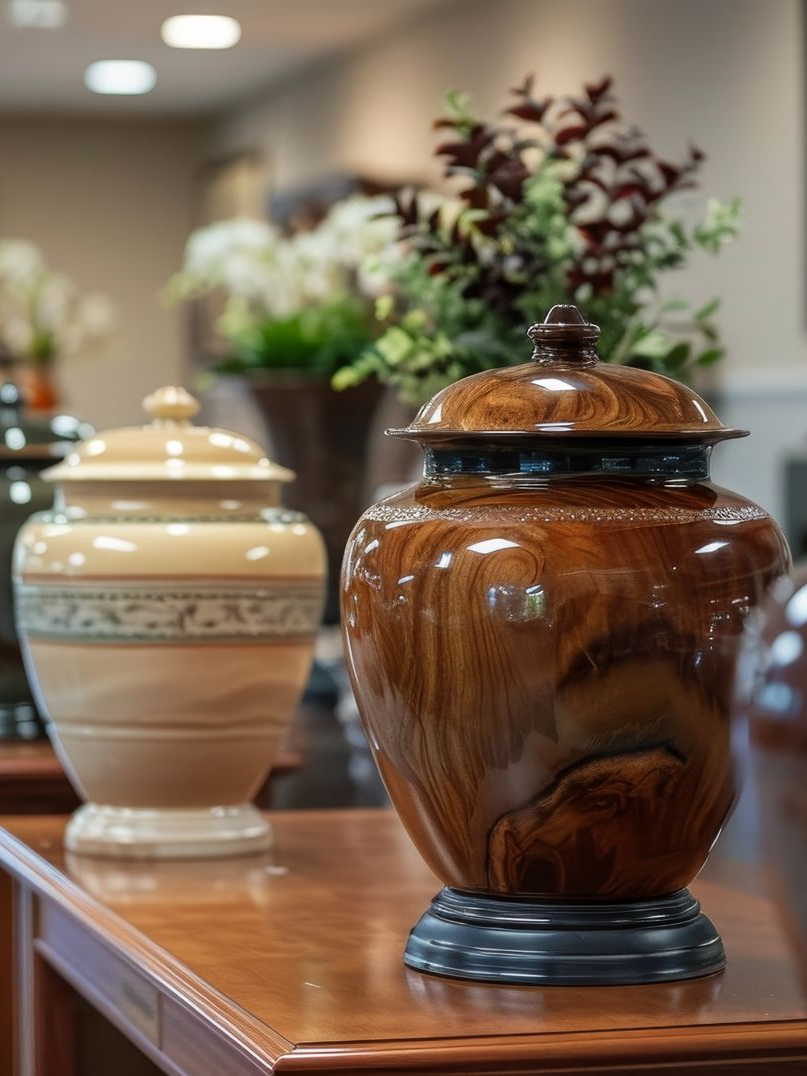 Deux urnes en bois avec des couvercles posés sur une table, l'une beige clair et l'autre brun foncé à la finition brillante.