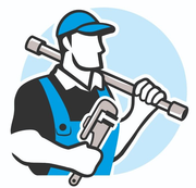 Illustration stylisée d'un ouvrier portant une casquette bleue et une salopette, tenant une clé à pipe et portant une longue barre sur une épaule.