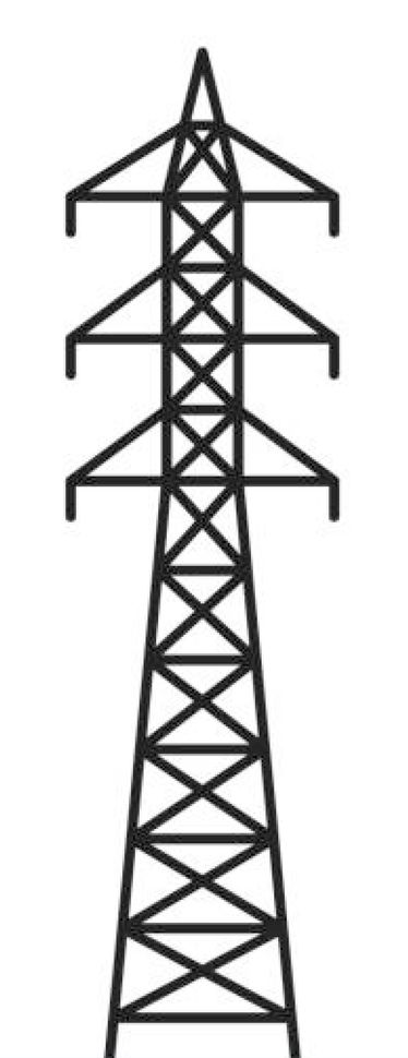 Un dibujo en blanco y negro de una torre de energía sobre un fondo blanco.