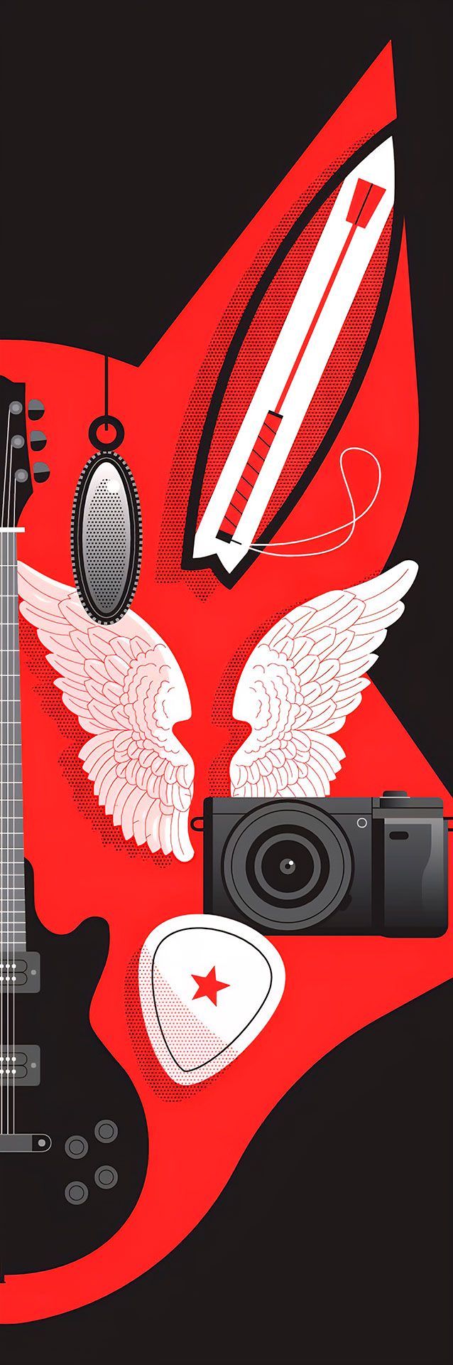 Diseño en forma de guitarra roja con alas, una cámara y otros íconos sobre un fondo negro.