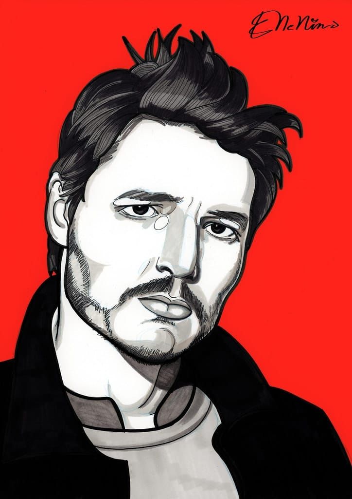 Ilustración en blanco y negro de un hombre con cabello oscuro sobre un fondo rojo.