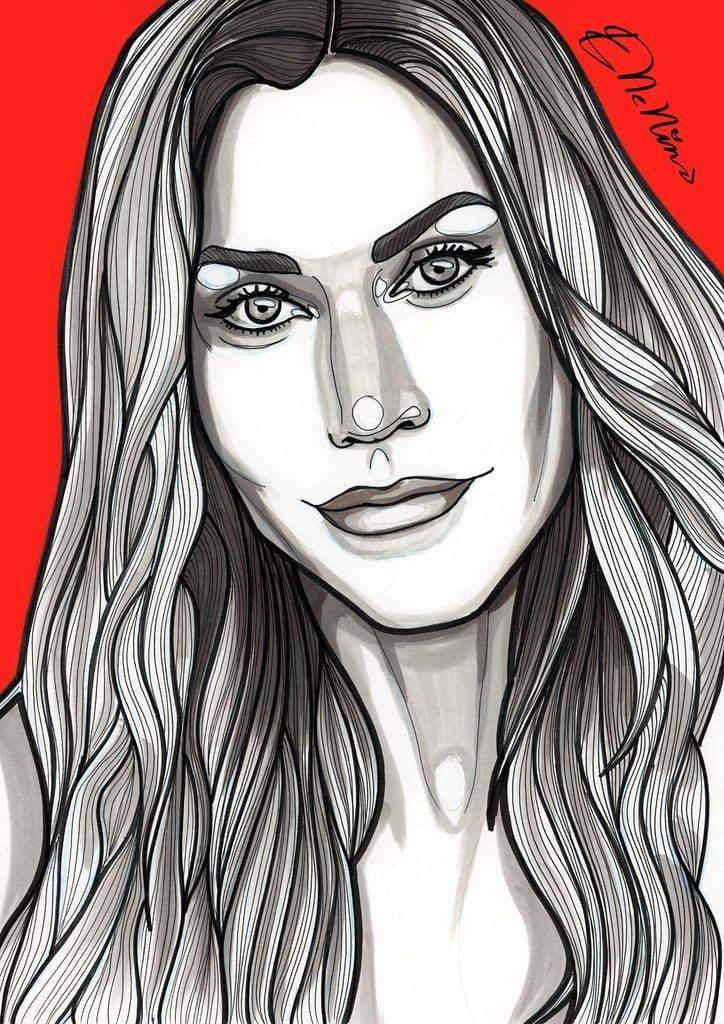 Mujer con cabello largo y ondulado, sonriendo con expresión neutra, dibujo en escala de grises sobre fondo rojo.