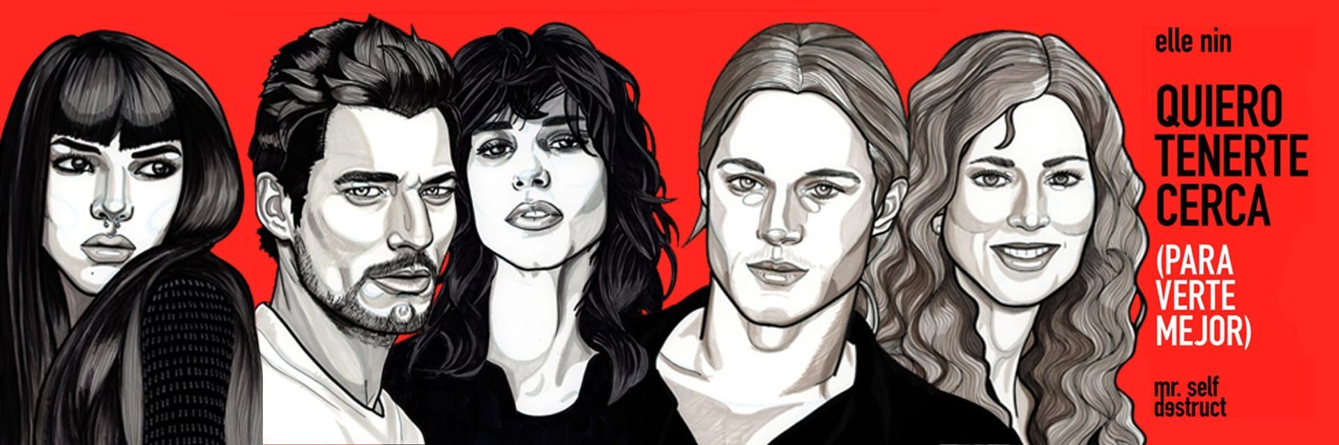 Poster with five people on a red background, the text says 