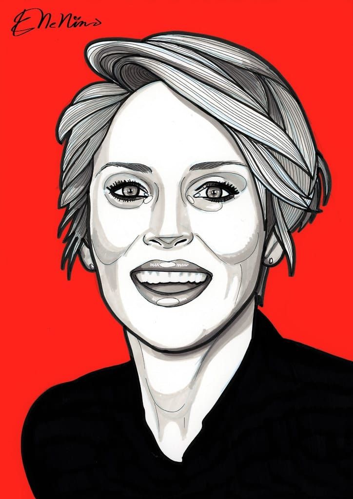 Retrato de mujer sonriente sobre un fondo rojo, arte lineal en blanco y negro.