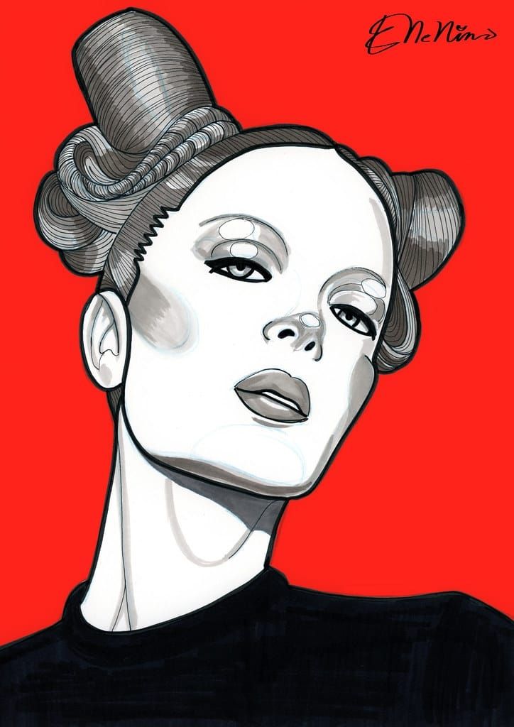 Mujer con cabello esculpido sobre fondo rojo. Dibujo en blanco y negro con mirada concentrada.