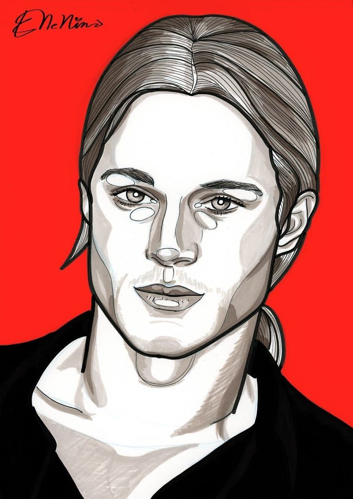 Retrato de hombre con cabello largo recogido hacia atrás, sobre fondo rojo; estilo de dibujo en escala de grises.