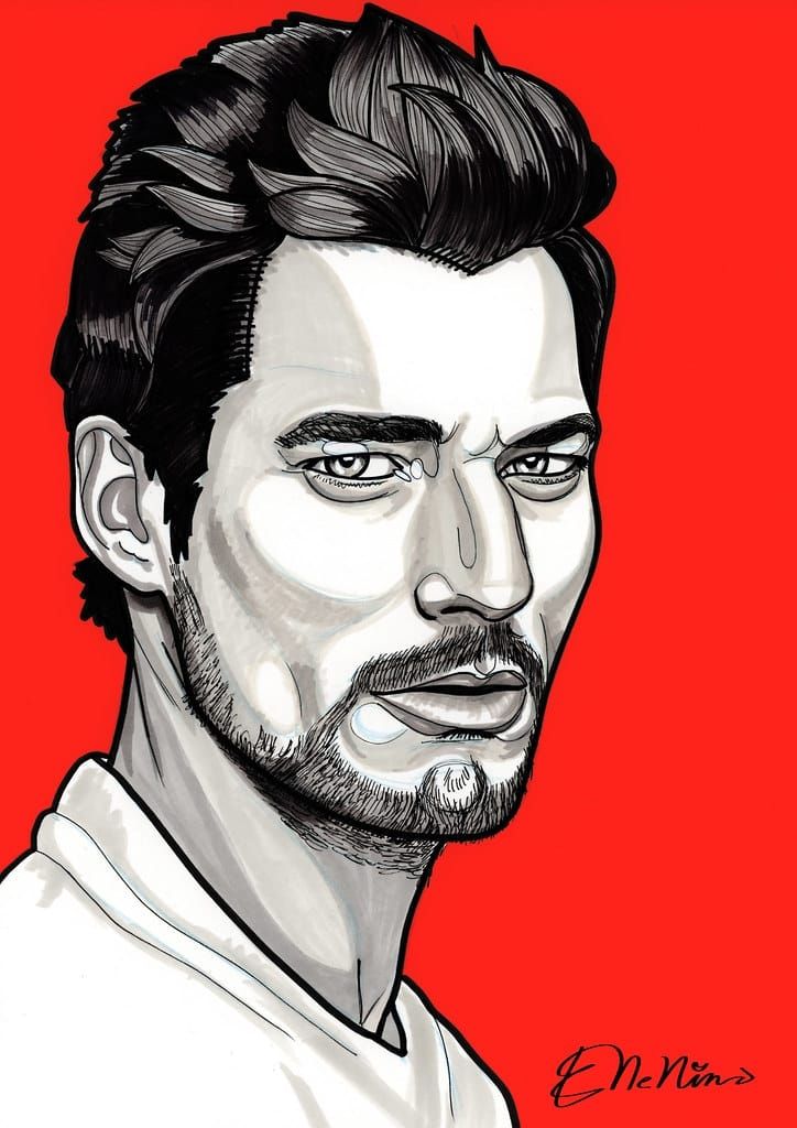 Ilustración de un hombre con expresión decidida, barba incipiente y cabello oscuro sobre un fondo rojo.