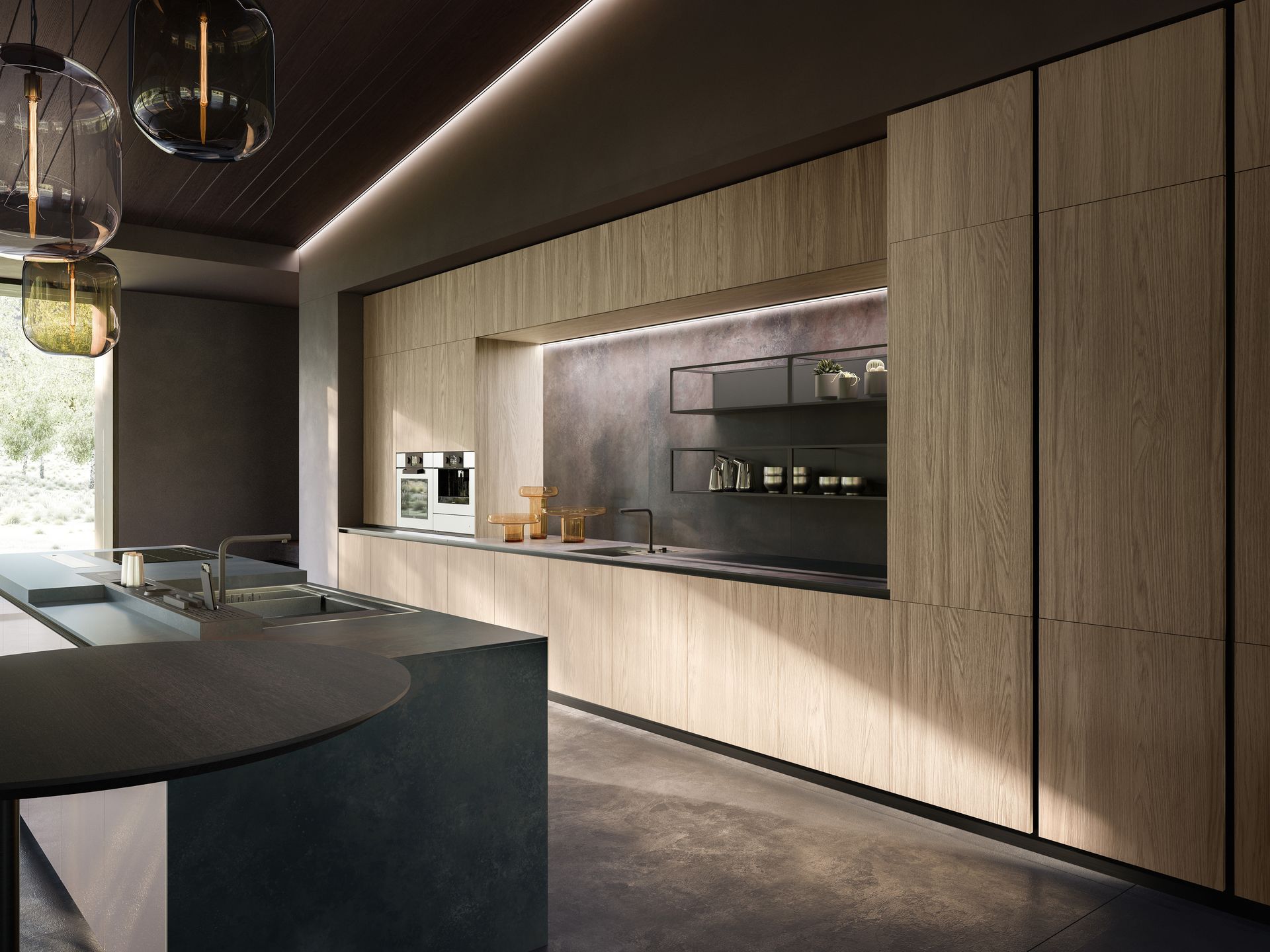 Cuisine avec plan de travail et étagères transparentes