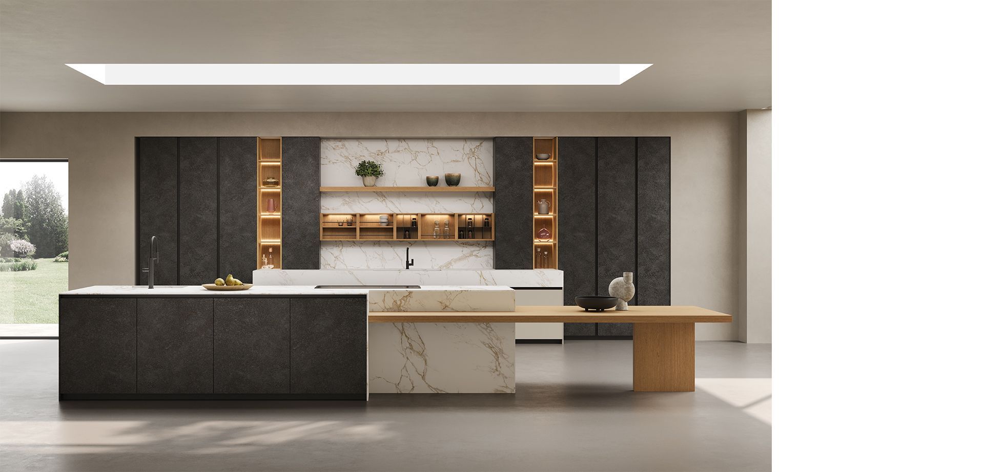 Cuisine avec îlot central en bois et en marbre