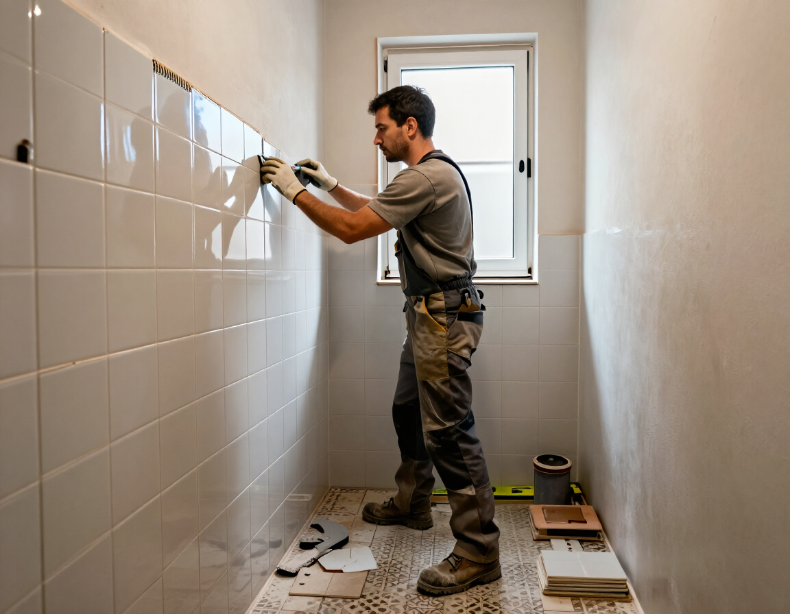 Un trabajador colocando azulejos blancos en una pared estrecha del baño, junto a una ventana
