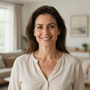 Mujer sonriente con una blusa clara en el interior, de pie en una habitación con luz tenue.