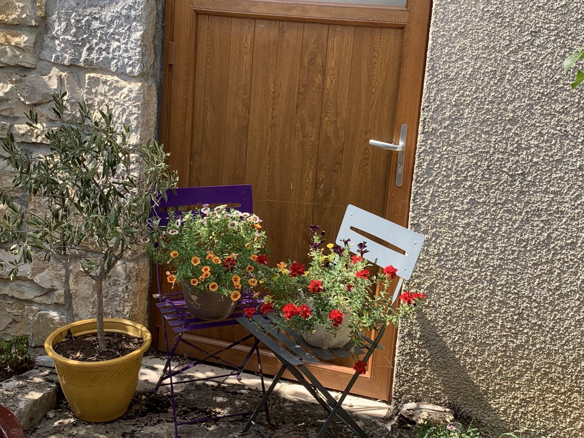 Porte en bois avec fleurs devant
