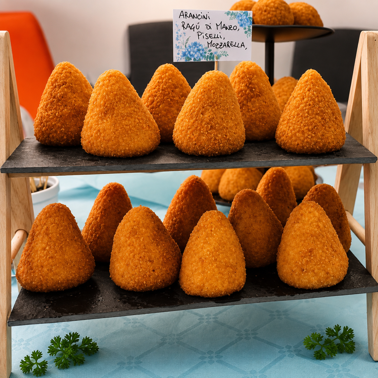 Vassoio di crocchette fritte dorate su uno scaffale espositivo con un piccolo cartellino del prezzo.