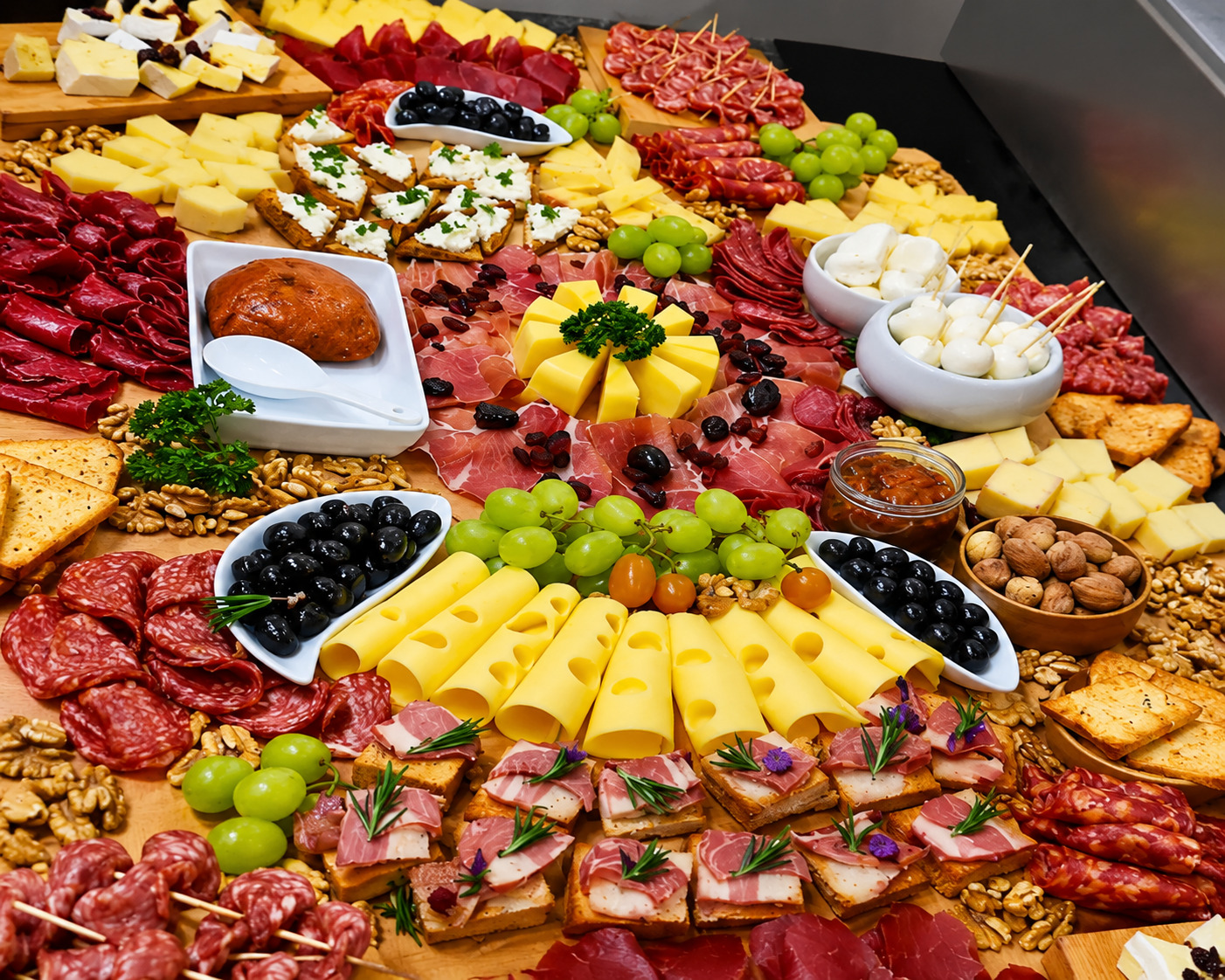 Un assortimento di salumi, formaggi, frutta e salse spalmabili disposti su un colorato tagliere.