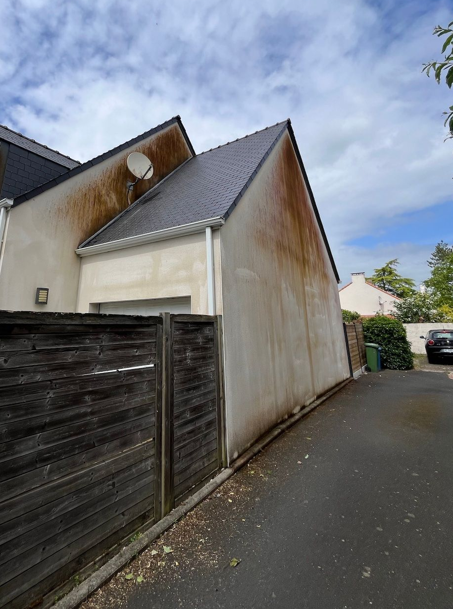 Allée résidentielle étroite longeant une maison blanche avec une clôture sombre et un ciel couvert