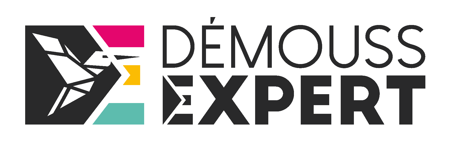 Logo Démouss Expert avec icône géométrique et texte noirs, gris, roses, jaunes et turquoise