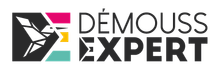 Logo D&eacute;mouss Expert avec ic&ocirc;ne g&eacute;om&eacute;trique et texte noirs, gris, roses, jaunes et turquoise