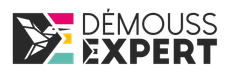Logo D&eacute;mouss Expert avec ic&ocirc;ne g&eacute;om&eacute;trique et texte noirs, gris, roses, jaunes et turquoise