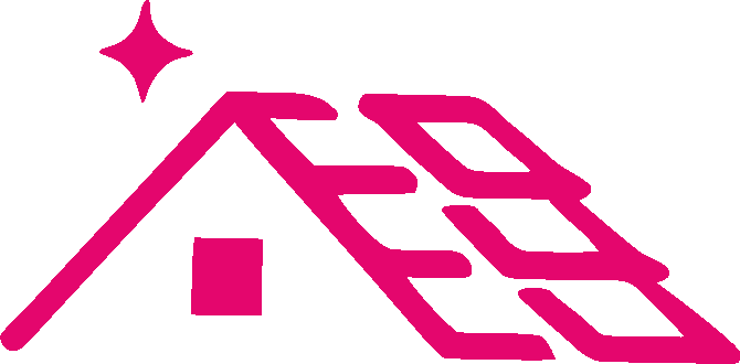 Logo de toit de maison rose avec une icône scintillante et des panneaux solaires à droite