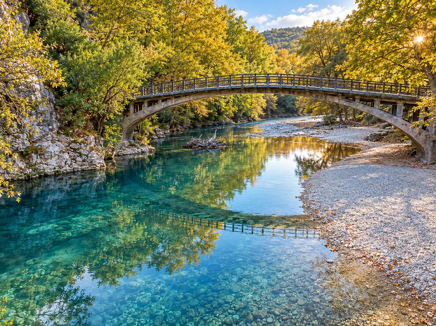 Πέτρινη αψιδωτή γέφυρα πάνω από ένα τυρκουάζ ποτάμι με φθινοπωρινά δέντρα να αντανακλώνται στο νερό