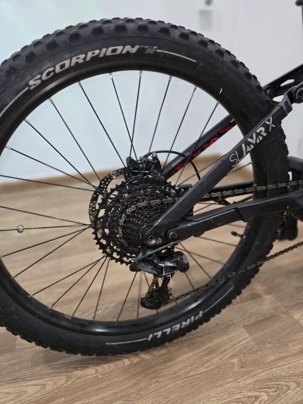 Una rueda de bicicleta con un neumático de escorpión.