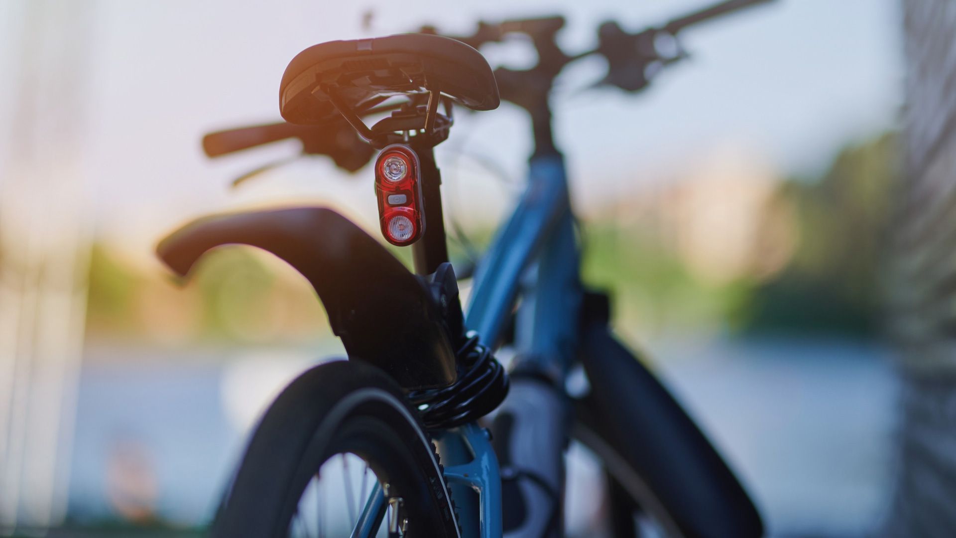 Un primer plano de una bicicleta estacionada al lado de un cuerpo de agua.
